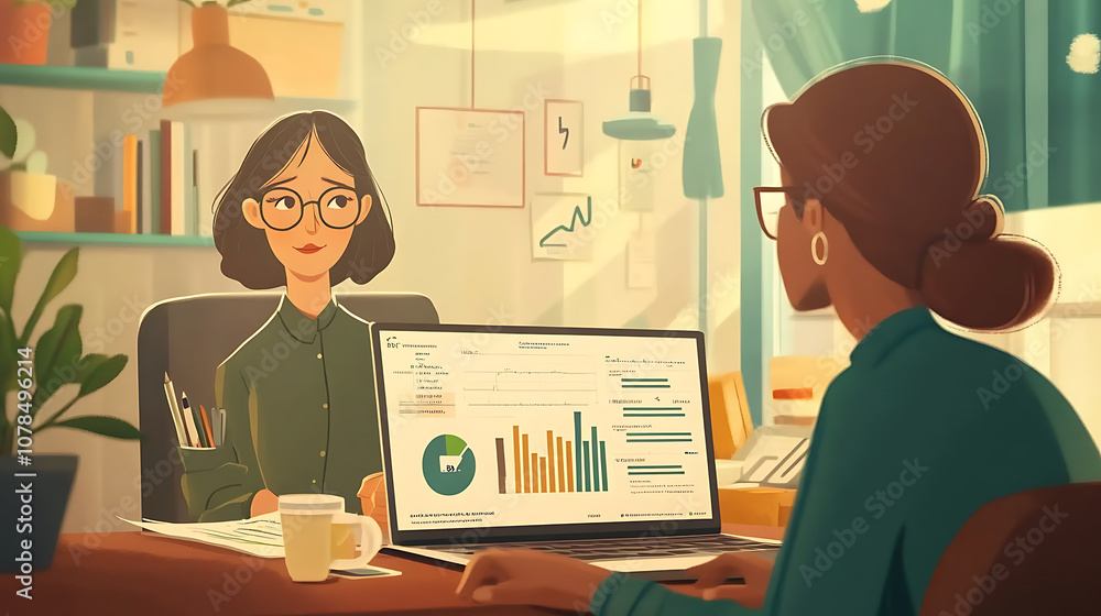 Female financial advisor explaining a quarterly report to her team member, with bar graphs and financial charts on her laptop screen Female financial advisor explaining a quarterly report to her team member, with bar graphs and financial charts on her laptop screen