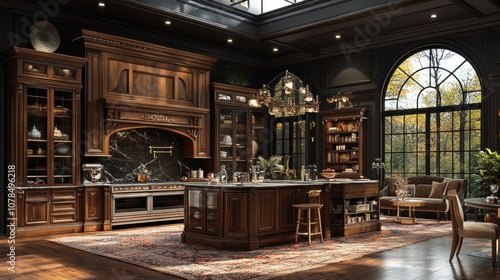 Elegant kitchen with dark wood cabinetry and large windows.