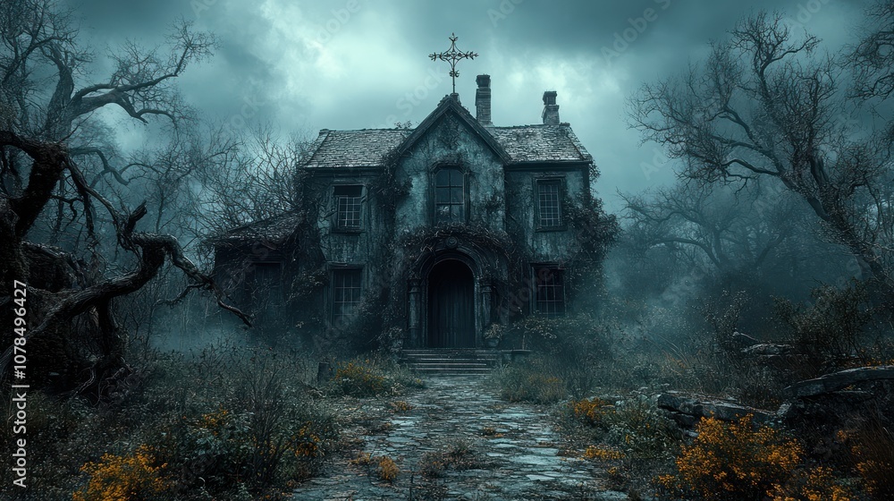 A haunting, abandoned mansion surrounded by eerie trees and fog. A haunting, abandoned mansion surrounded by eerie trees and fog.
