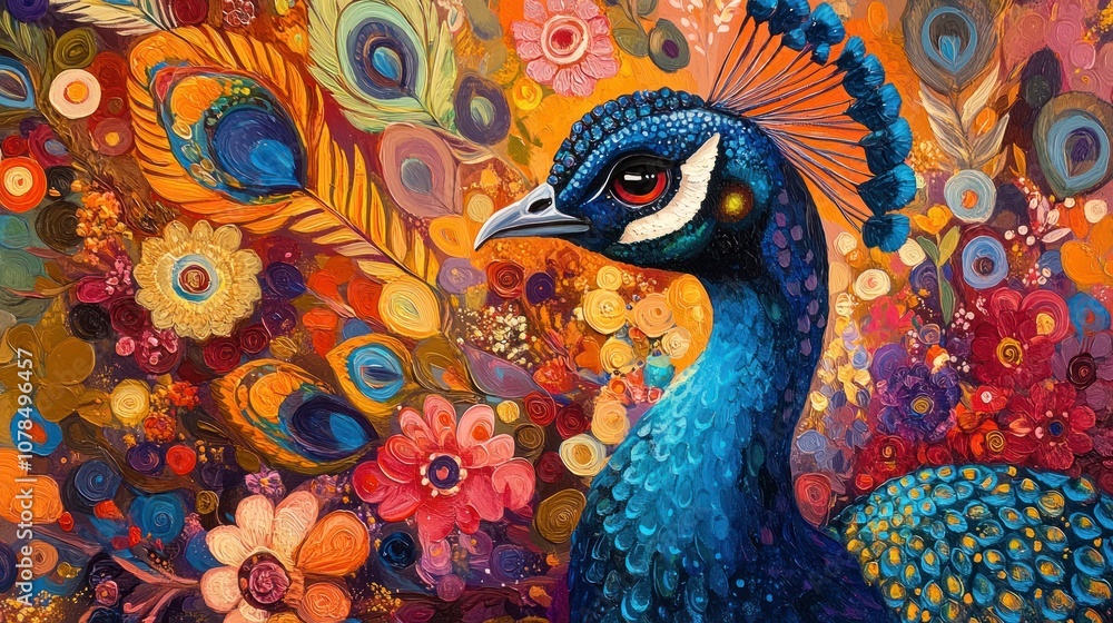A peacock's head and neck are depicted against a vibrant background of flowers and peacock feathers. A peacock's head and neck are depicted against a vibrant background of flowers and peacock feathers.