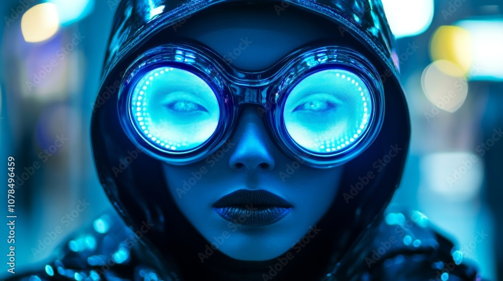 Close-up of woman with futuristic neon blue glasses