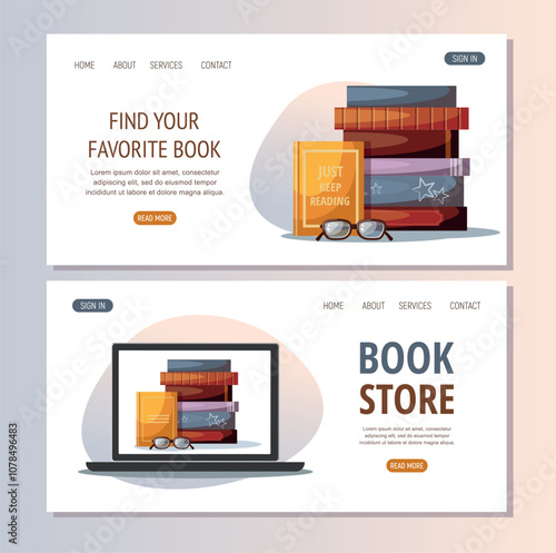 Set web banners template. Stack of books and eyeglass. Book store concept