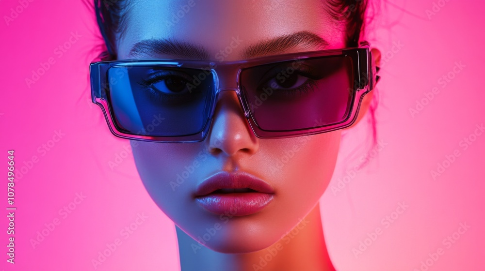Stylish woman in blue and pink lighting with chic glasses Stylish woman in blue and pink lighting with chic glasses