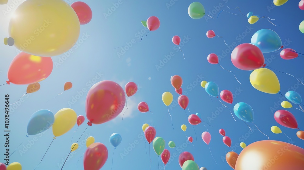 A collection of colorful balloons floating in the blue sky. A collection of colorful balloons floating in the blue sky.
