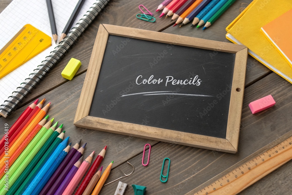 Educational Scene with Blackboard, Color Pencils, and Stationery in a Vibrant Classroom Setting, Top View with Ample Copy Space for Creative Projects and Learning Materials Educational Scene with Blackboard, Color Pencils, and Stationery in a Vibrant Classroom Setting, Top View with Ample Copy Space for Creative Projects and Learning Materials