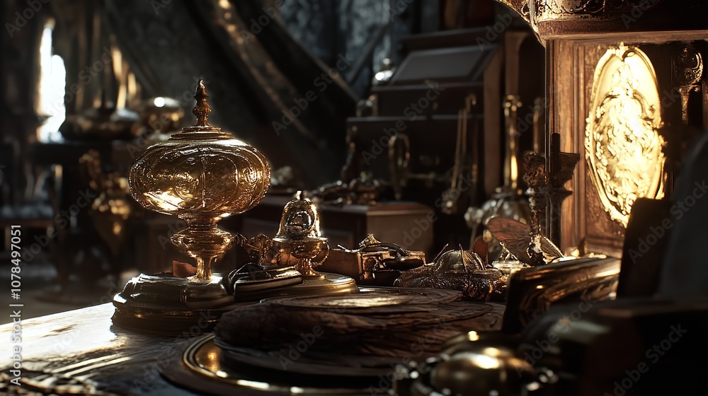Cozy antique potion shop filled with bottles, jars, lamps, and mystic items, evoking a magical atmosphere Cozy antique potion shop filled with bottles, jars, lamps, and mystic items, evoking a magical atmosphere