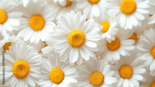 A close-up shot of a cluster of delicate white daisies with bright yellow centers, creating a beautiful and cheerful pattern.