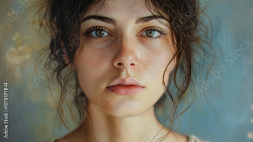 A digital painting of a young woman with brown eyes and hair in a white shirt, set against a brushstroke background with no texture inconsistencies.