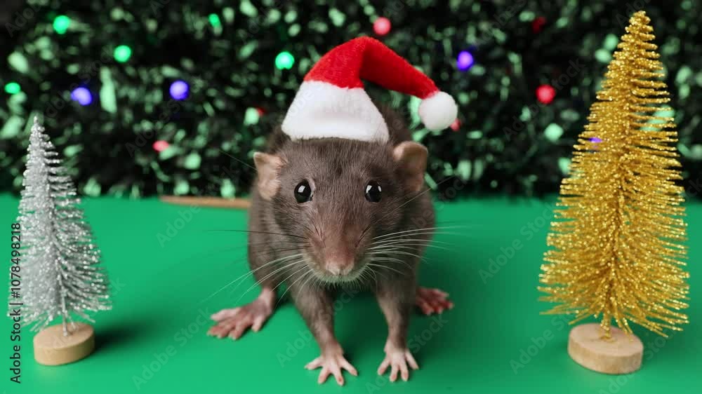 Colored rat on a green background. Mouse among toy Christmas trees. Pet in a red Santa hat. Bokeh from blinking lights of a festive garland. New Year concept Colored rat on a green background. Mouse among toy Christmas trees. Pet in a red Santa hat. Bokeh from blinking lights of a festive garland. New Year concept