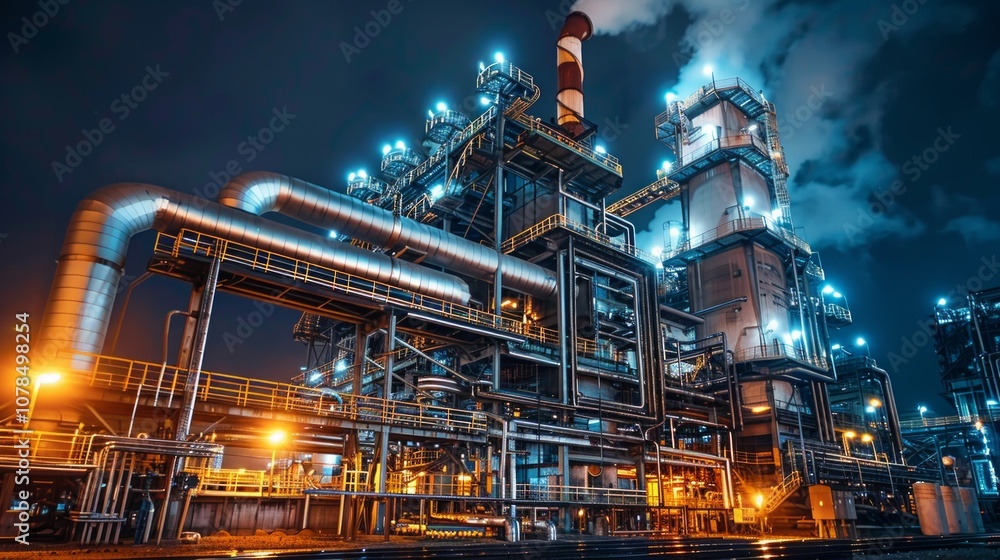 A brightly lit oil refinery at night, with steel structures, silos, pipes, and chimneys visible. The image captures the intense industrial activity and complex infrastructure in operation. A brightly lit oil refinery at night, with steel structures, silos, pipes, and chimneys visible. The image captures the intense industrial activity and complex infrastructure in operation.