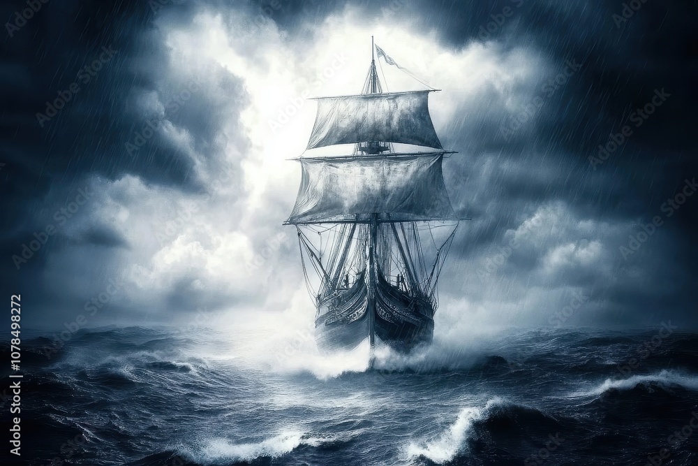A ship sails through stormy seas. A perfect picture for themes of adventure, perseverance, and the power of nature. A ship sails through stormy seas. A perfect picture for themes of adventure, perseverance, and the power of nature.
