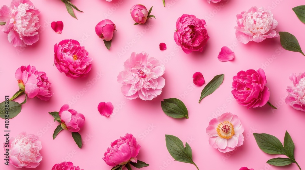 Pink peonies and leaves arranged on a soft pink background. Pink peonies and leaves arranged on a soft pink background.