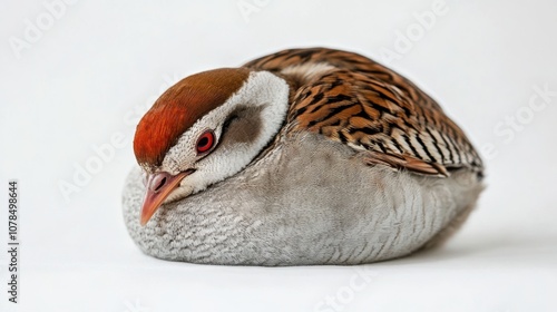 A small bird with a brown, white, and black patterned back rests on a white background with its head tucked into its chest. photo