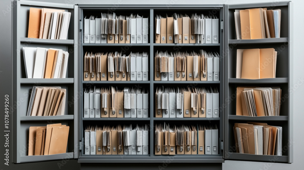 Open metal filing cabinet with organized rows of binders and folders on shelves in an office setting. Open metal filing cabinet with organized rows of binders and folders on shelves in an office setting.