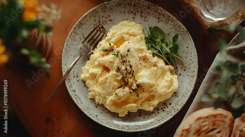 Indulge in a Luxurious Breakfast Featuring Rich, Creamy Butter-Basted Scrambled Eggs Plated Elegantly to Enhance Their Smooth Texture and Inviting Warmth