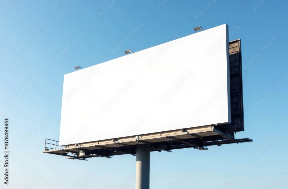 A blank billboard stands tall against a bright blue sky, ready for advertisements or promotional displays. A blank billboard stands tall against a bright blue sky, ready for advertisements or promotional displays.