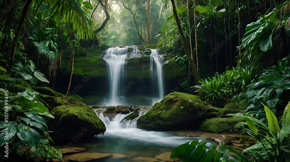 Fototapeta premium Tranquil Waterfall Cascading Through Lush Green Foliage in a Tropical Rainforest