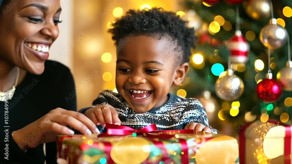 Joyful Child Opening Present with Proud Mother Smiling Joyful Child Opening Present with Proud Mother Smiling