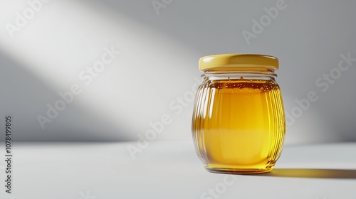 The tipping over of a jar of honey spilling golden liquid onto a well-lit white surface photo