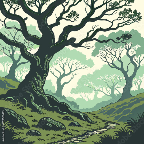 A serene woodland path winding through a lush forest, with tall trees casting long shadows and a stream meandering through the undergrowth, perfect for adding a touch of nature to your designs.