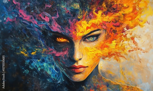 Fiery woman with vibrant colors and intense expression, half face in flames, contrasting dark and light hues, emotional depth, surreal art