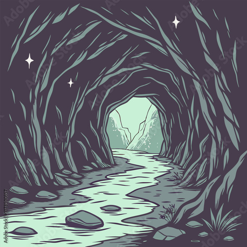 A mysterious cave opening reveals a winding river flowing through a scenic canyon, with stars twinkling above. This captivating illustration evokes a sense of wonder and adventure.