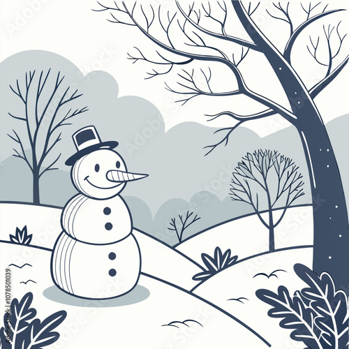 A charming illustration of a snowman standing in a snowy landscape, surrounded by bare trees. This simple yet festive design captures the essence of winter and is perfect for holiday cards.