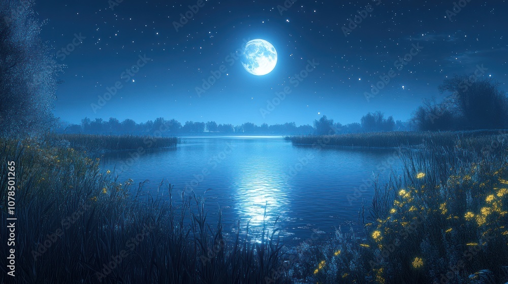 Serene night landscape with a glowing moon over a tranquil lake. Serene night landscape with a glowing moon over a tranquil lake.