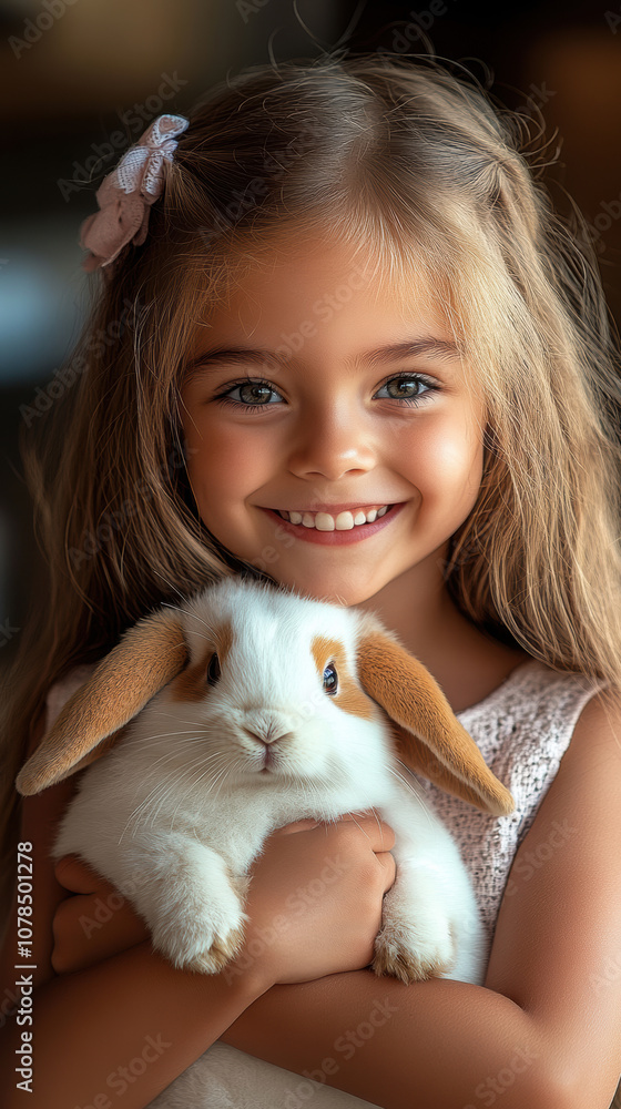 Smiling Young Girl Holding Adorable White and Brown Bunny Smiling Young Girl Holding Adorable White and Brown Bunny