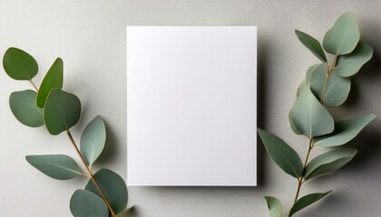 white invitation card mockup with eucalyptus branches 5x7 ratio similar to a6 a5