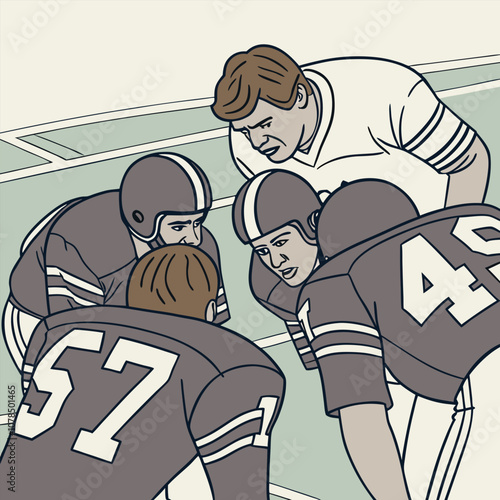Three American football players huddle together on the field, their helmets close, strategizing for their next play. This illustration captures the intensity of the game.