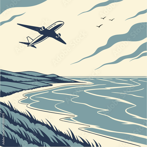 A vintage-style illustration depicting a plane soaring over a serene beach scene. The plane is silhouetted against the sky, with the sun glinting off the water and the sand.