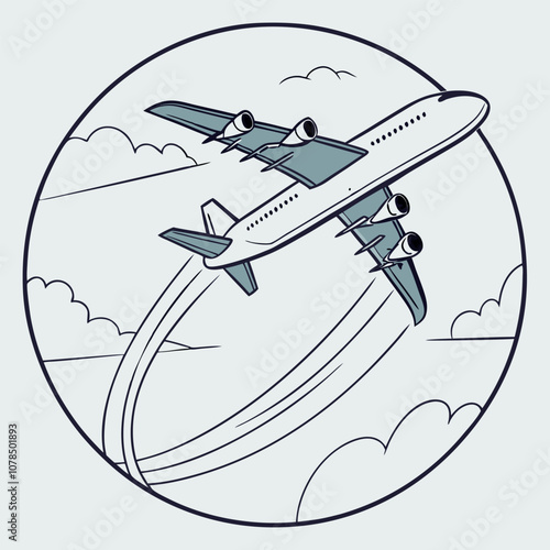 A simple illustration of an airplane in flight, with a stylized circle background and clouds. Perfect for a travel-themed design, aviation projects, or any project that needs a touch of nostalgia.