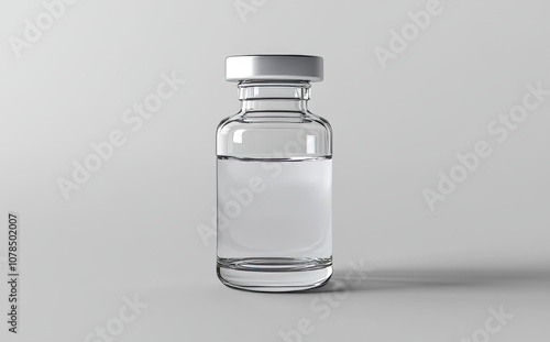 Against a minimalist gray background, a clear glass vial contains liquid over a reflective surface