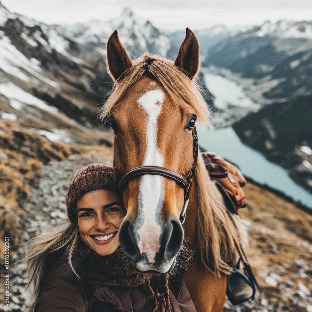Obraz premium Horse influencer with owner on a mountain trail