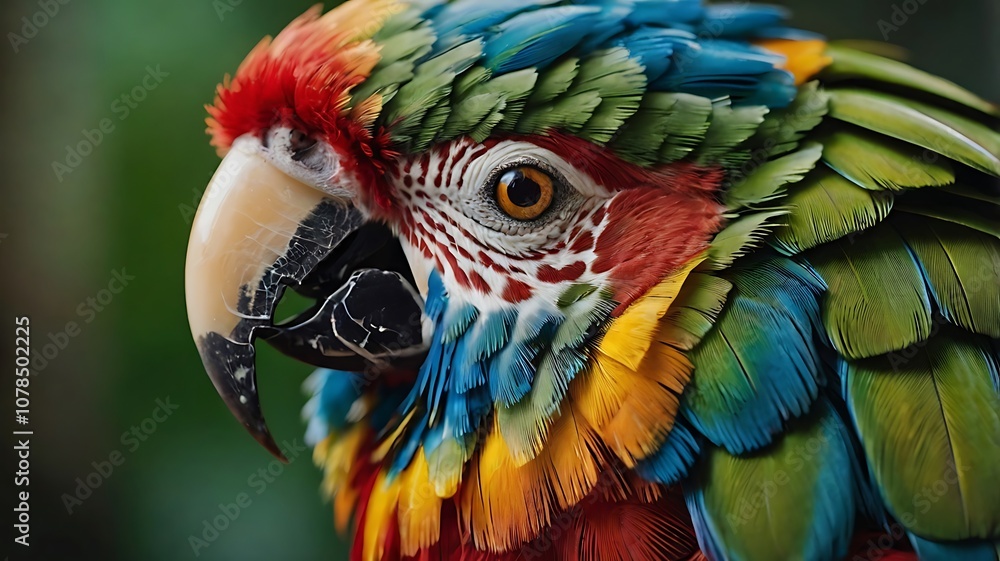 Obraz premium Close-up of a Colorful Macaw's Head and Feathers