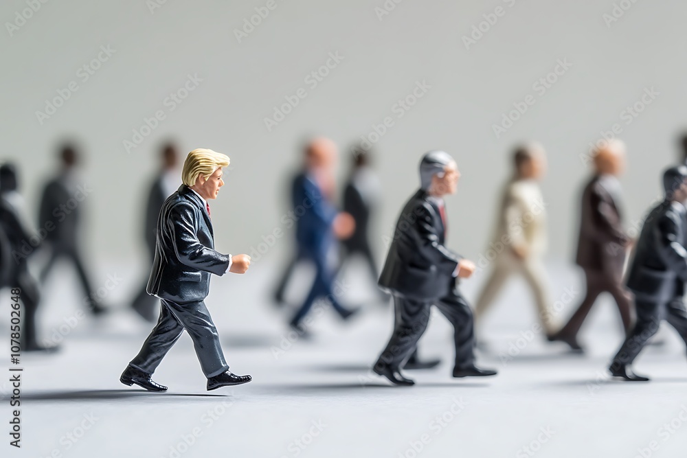 Figurine of leading a group of blurred politicians, concept of leadership, elections and politics Figurine of leading a group of blurred politicians, concept of leadership, elections and politics