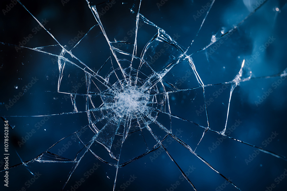 Cracked glass on a dark blue background creating an abstract pattern of broken lines and shards Cracked glass on a dark blue background creating an abstract pattern of broken lines and shards