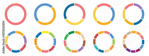 Pie chart set, segmented circle icons with circle diagram. Pie chart divided Circle diagram collection. Color pizza or donut round diagram. Infographic wheel segment or sections parts.