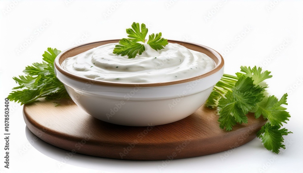 fresh ranch sauce or greek yogurt tzatziki sauce in a bowl isolated on white background ssour cream dip sauce with parsley closeup fresh ranch sauce or greek yogurt tzatziki sauce in a bowl isolated on white background ssour cream dip sauce with parsley closeup