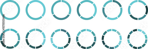 Pie chart set, segmented circle icons, circle diagram. Pie chart divided 1,2,3,4,5,6 equal parts. Infographic wheel segment or sections parts. Vector illustration