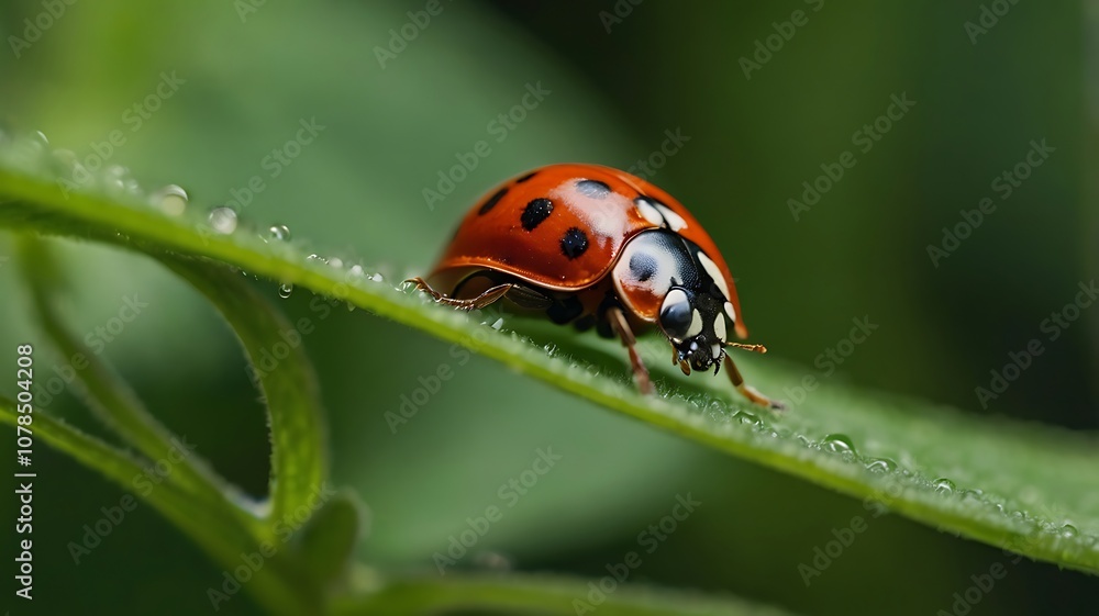 Fototapeta premium Ladybug on a Dew-Covered Green Leaf