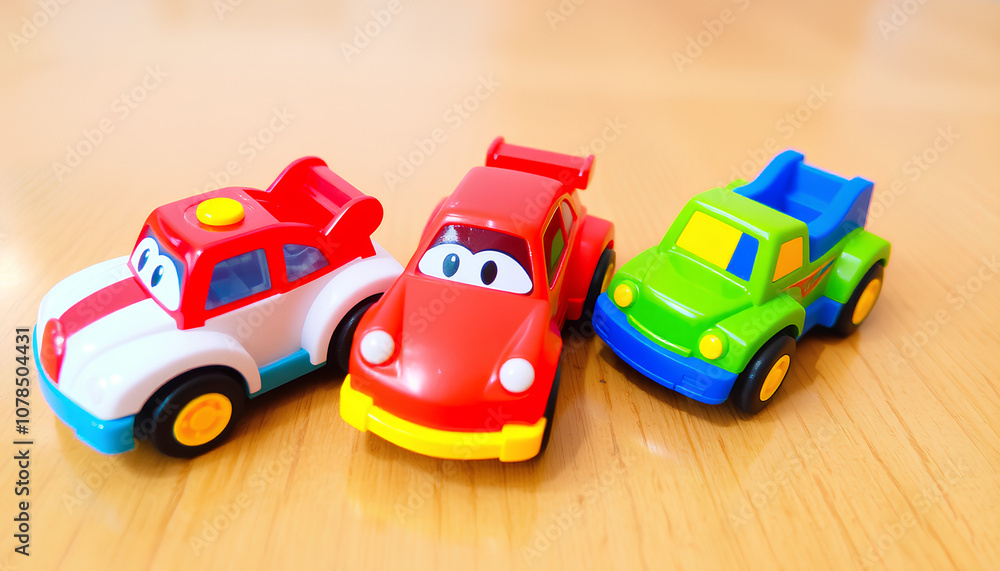 Three colorful toy cars lined up on a wooden surface, representing children’s play and vehicle toys. Three colorful toy cars lined up on a wooden surface, representing children’s play and vehicle toys.
