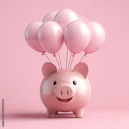 cheerful piggy bank with pink balloons symbolizes savings and celebration. This playful image evokes feelings of joy and financial success, perfect for payday themes photo