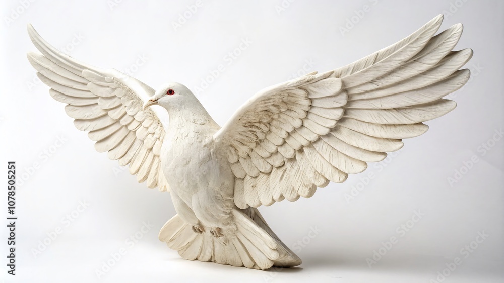 Fototapeta premium Elegant White Dove Sculpture with Outstretched Wings on a Pure White Background, Symbolizing Peace and Freedom in a Minimalist Artistic Style