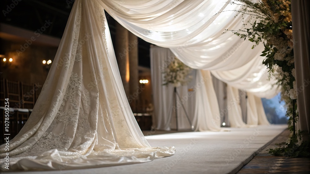 Elegant White Fabric Draped Gracefully Over an Unseen Structure, Creating a Soft and Ethereal Atmosphere with High Depth of Field and Soft Lighting for a Serene Backdrop Elegant White Fabric Draped Gracefully Over an Unseen Structure, Creating a Soft and Ethereal Atmosphere with High Depth of Field and Soft Lighting for a Serene Backdrop