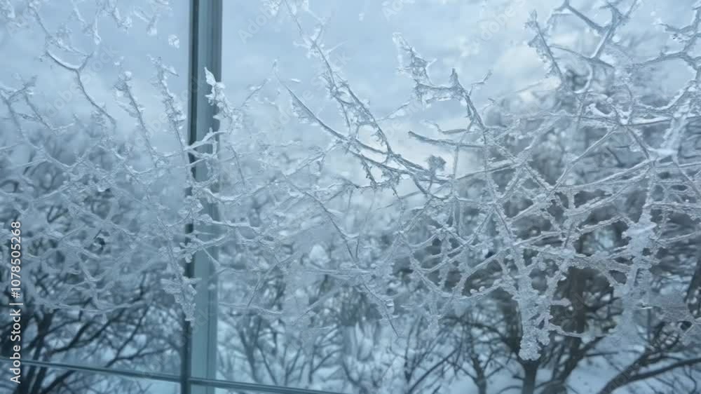 Frosty patterns on a windowpane with a winter landscape in the background. Frosty patterns on a windowpane with a winter landscape in the background.
