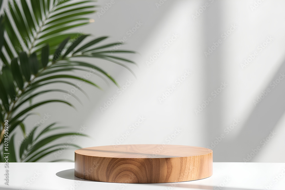 Minimal natural wood podium with green palm leaf with sunlight background. Minimal wooden stand for branding and packaging presentation Minimal natural wood podium with green palm leaf with sunlight background. Minimal wooden stand for branding and packaging presentation