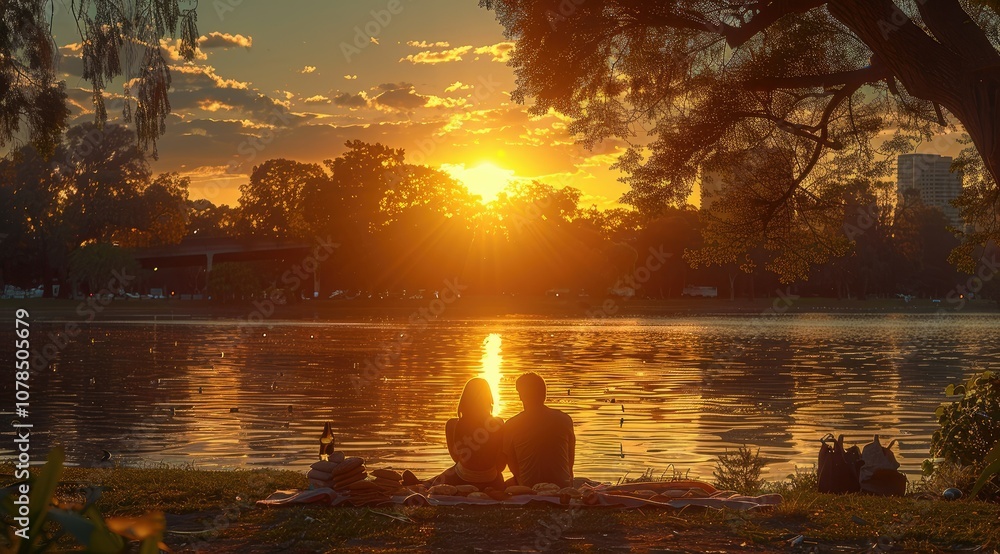Romantic couple enjoying a sunset picnic by the lake. Romantic couple enjoying a sunset picnic by the lake.