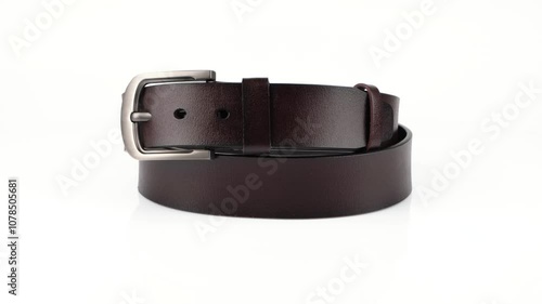 Fashionable leather belt with buckle dark brown rotates on white background. Video in 4K resolution